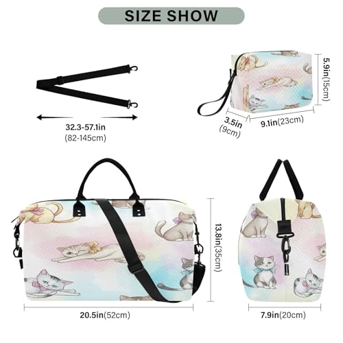 Large Foldable Travel Duffel Bag, Waterproof Gym Bag for Men & Women, Carry-On Luggage Weekender Overnight Bag, Bow Cat Watercolor3