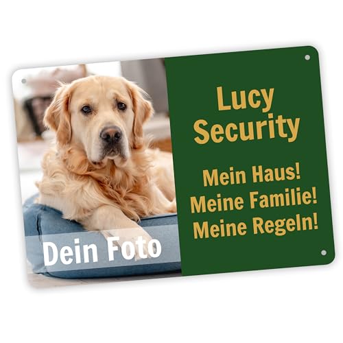 UV Hundeschild mit eigenem Foto & Namen „Security“ - 40 x 28 cm - Lustiges Vorsicht Hund Warnung Schild - wetterfest & rostfrei & UV-Schutz & Bohrlöcher - Warnschild Hund - Aluminium, Stärke 1,1 mm