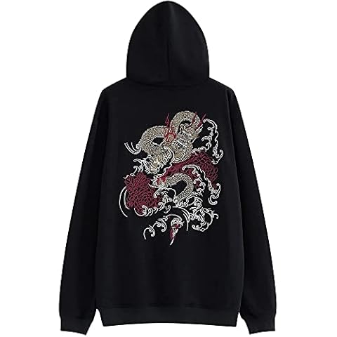 XYXIONGMAO Embroiderd Streetwear Dragon Hoodies Men Techwear Sweatshirt Japanese Black Hip Hop Graphic Hoodie, Black, Medium Cover