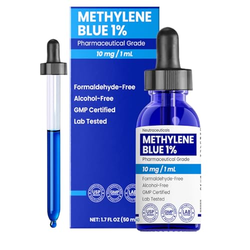 Methylene Blue 1% Solution, Pharmaceutical Grade, 10mg/mL, GMP Certified, 1.7 FL OZ Glass, Formaldehyde & Alcohol-Free