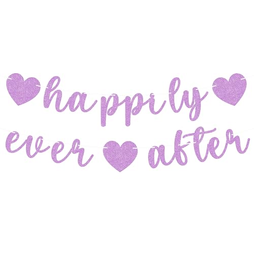 Image of Pre-Strung Happily Ever After Banner - Purple Glitter Bachelorette Bridal Engagement Party Decoration Supplies, Bachelorette Wedding Party Banner for Engagement, Bridal Shower, Wedding Party Photo Booth Props
