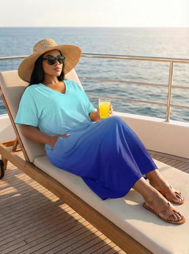 Image of SUZONANA Women Casual T-Shirt Dress V Neck Short Sleeve Solid Color Oversize Dress with Front Two Pockets