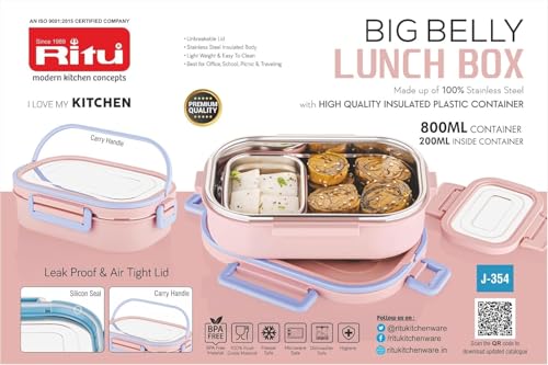 Image of RITU Big Belly Airtight Lunch Box with steel Insulated Plastic Large Container with 200ml Veggie Box|Leak -Proof|BPA-Free|Food Grade|Keeps Food Hot and Fresh for Hours|Ideal for School,Travel & office