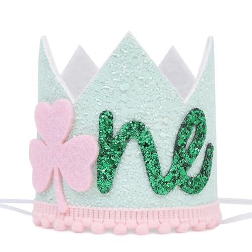 Agkvw Pink St. Patricks Day 1st Birthday Hat - Pink Shamrock Birthday Crown for Girls Lucky One Bday Decorations St Patricks 1st Bday Decor