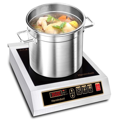 HeroInduct Induction Cooktop 208-240V 3500W Commercial Induction Burner Dual IGBT Modules 8 Heating Level Sensor Push-Button Premium Stainless Steel Housing Crystal Glass Electric Cooktop（Black）