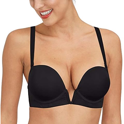 Women's Deep V Plunge Padded Push Up Underwire Bra Low Cut Convertible Brassiere with Clear Straps, Black, 34D Cover