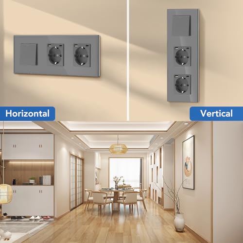 BSEED Lichtschalter mit Steckdose 1 Fach 2 Wege,Wandschalter mit 16A Schuko Steckdose mit Doppel USB Anschluss (Max. 2.1A) Typ C Port Grau,Physische Unterputz Wechselschalter mit Steckdose- 228mm