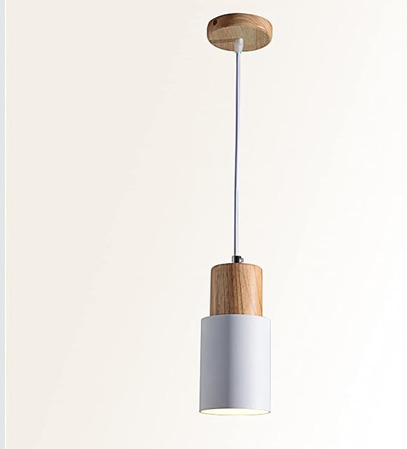 YOXANG Modern Simple Pendant Lighting Creative Metal Pendant Lamp Solid Wood Cylinder Shape Adjustable Hanging Lights Mini Decor Chandeliers for Dining Rooms E27 Lamp Holder D10 X H20.5 cm (White)
