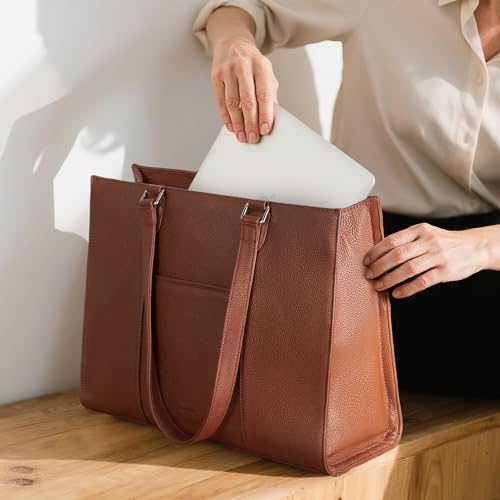 Image of befen Genuine Leather Work Tote Bag for Women, Women's 15.6 Inch Work Bags Totes Purse Shoulder Purses Handbags Cognac Brown