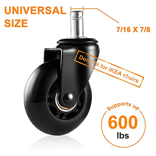 Office Chair Caster Wheels Replacement (Set Of 5) 2.5'' Office Caster Wheels Smooth Rolling Heavy Duty Casters Safe For All Floors Universal Stem 7/16 Inch, Black #TOP5