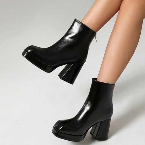 Women's Platform Ankle Boots High Chunky Heels Square Toe Comfort Booties with Back Zipper Design for Winter Fall2