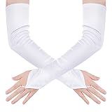 Hmxpls Fingerless Over Elbow Gloves, Long Fingerless Satin Opera Gloves Soft Stretchy Spandex Adult Size Cosplay Gloves (White)