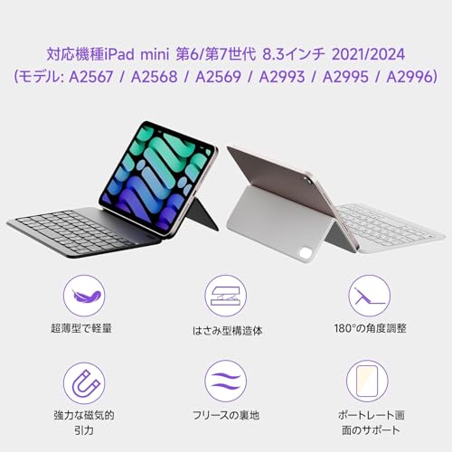 【業界超薄・軽量】HOU 対応 iPad mini 6/7(A17 Pro)キーボード付きケース、0-180°角度調整、マグネット充電、残量表示、傷や摩耗に強いセミシリコンPU生地、開口部なし設計、【英语配列】
