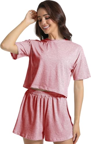 Image of Split Short Pajama Set Soft Women's Striped Pajama Sleeve Tee & Elastic Waist Shorts Summer Lounge Sleepwear