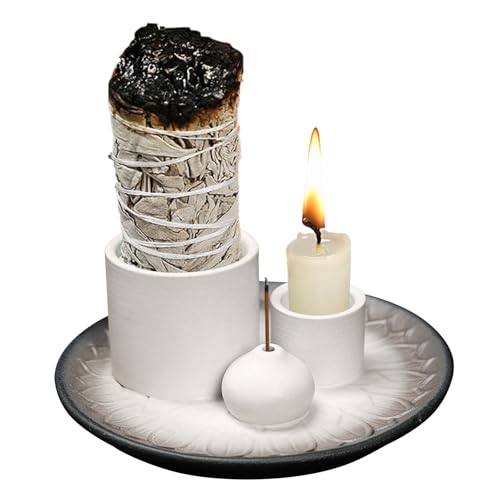 SHEBUYLLI Incense Burner Holder, 4 in1 Palo Santo Holder Ceramic Incense Stick Holders with Ash Catcher Sage Holder Smudge Bowl for Yoga Meditation Room Home Decor (#001White Gray)