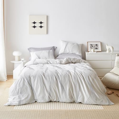 SUSYBAO Black Striped Duvet Cover King 100% Cotton 3 Pcs Set 1 Artistic Abstract Pinstripe Duvet Cover with Zipper Ties 2 Pillowcases Aesthetic White Stripe Bedding Set Soft