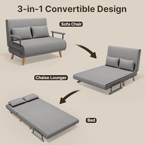 Xbro Schlafsessel mit Bettfunktion, Schlafsofa 2-Sitzer mit 6-Stufig Verstellbarer Rückenlehne und 2 Kissen, Sessel mit schlaffunktio für kleine Wohnung (Hellgrau) – Bild 7