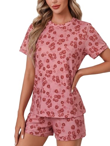 Image of LYANER Pajama Set for Women 2 Piece Lounge Set Striped Crew neck Short Sleeve Tops and Shorts Soft Sleepwear