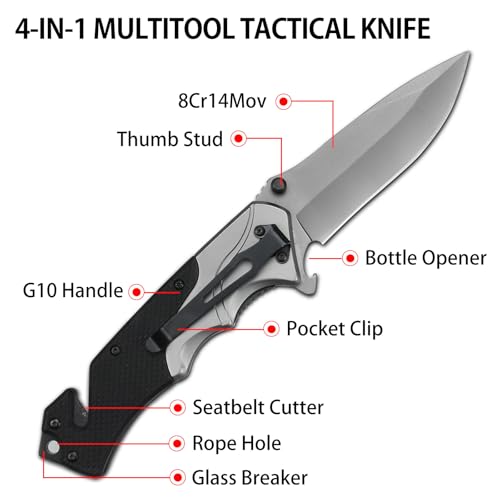 Image of NedFoss FA49 Pocket Knife for Men, 4-in-1, 3.5 inch 8Cr14Mov Steel, G10 Handle | Classic, Multitool, Glass Breaker, Seat Belt Cutter, Bottle Opener, Clip, Survival Knife for Emergency Rescue Situations EDC