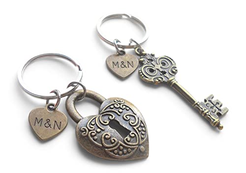 Custom Bronze Key & Lock Keychains with Stamped Tags for Couples Initials, Anniversary Gift Keychain
