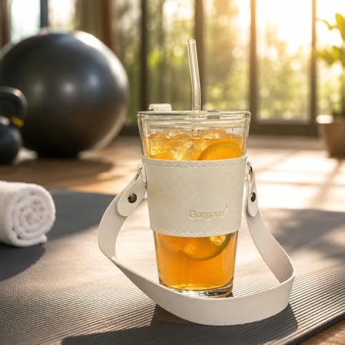 Image of Glass Tumbler with Lid, Straw & Leather Sleeve, 450ml Portable Drinking Glass Cup with White Carry Strap, Reusable Travel Tumbler, Coffee mug, Juice, Smoothies, Iced Drinks & Daily Use (White)