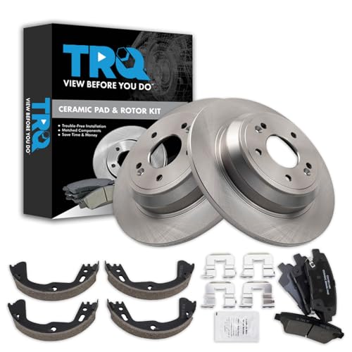 Image of TRQ Rear Brake Pad and Rotor Set Ceramic Parking Brake Shoes Compatible with 2015-2016 Hyundai Genesis 2017 Genesis G80