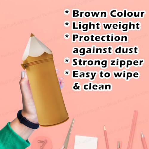 Image of FunBlast Pencil Case - Brown, Multipurpose Zipper Silicone Pouch, School Supplies Organizer, 23 X 7 X 7 CM
