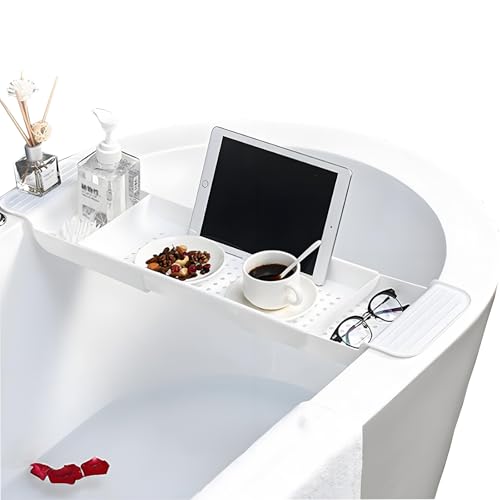 LOORMEI Adjustable Bathtub Caddy Tray,Durable Plastic Shower Caddy,Perfect for Bath Time Relaxation with Candles,Wine Glass,Phone or iPad (White)