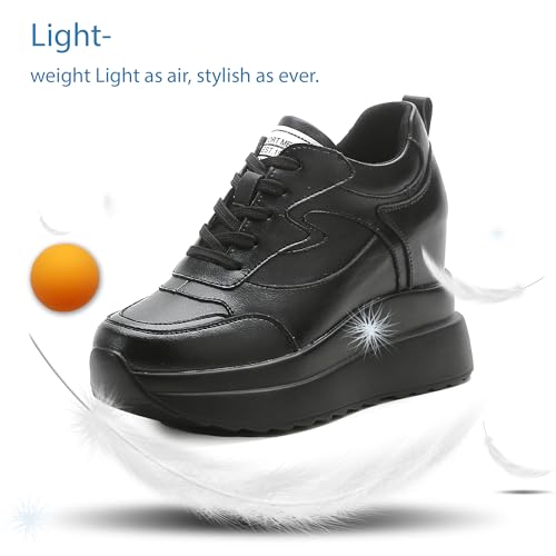 Image of AONEGOLD Platform Sneakers High Hidden Heel Sneakers for Women Wedge Leather Upper Fashion Lace up Increasing 3.94 inch