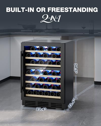Image of 24 Inch Dual Zone Wine Fridge, 55-Bottle Wine Fridge Under Counter with Glass Door for Built-In or Freestanding, Wine Cooler Refrigerator with Removable Wooden Shelves, for Home /Bar /Office (Black)