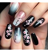 Pink Plum Blossom Press on Nails Medium Square Fake Nails Black Gradient Glue on Nails Glossy Acr...