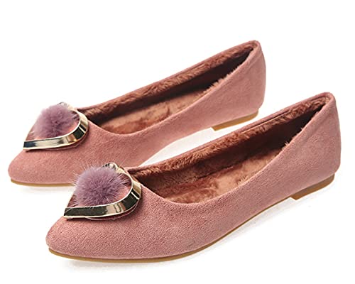 Hee grand Women's Pom Pom Casual Flats Pointed Toe Slip On Ballet Flats Warm Faux Suede Dress Shoes,Pink 9