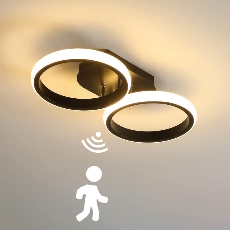 KZT LED Motion Sensor Ceiling Light 22W Indoor Modern Ring Ceiling Lamp with Daylight Sensor Ceiling Lighting for Hallway Porch Stairway Living Room Garage Bedroom Kitchen Balcony, Black (3000K)
