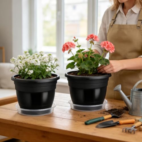 Image of 10 Pack 8 Inch Black Nursery Pots with Drainage Holes and Saucers