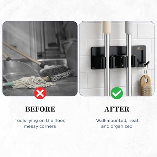 Image of HomeStrap Dual Stick-On Mop & Broom Holder with Rubber Grip | Stainless Steel Wall Holder with Hook for Mops, Brooms, Wiper & Towels | No Drilling Waterproof Self-Adhesive Hook for Daily Use|Set of 1