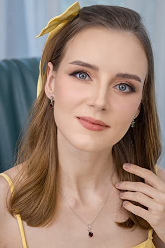 B. Brilliant Sterling Silver Synthetic Ruby & White Topaz Pear-Cut Teardrop Dangling Stud Earrings & Necklace Set #TOP1