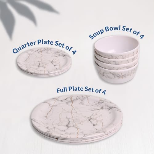 Image of MARKET 99 Heavy-Duty White Static Melamine Dinner Set 12 Pieces | Includes 4 Dinner Plates 4 Side Plates 4 Soup Bowls | Durable Food-Safe Tableware for Daily Use Family Dining & Kitchen Decor