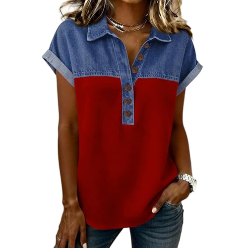 Womens Retro Printed Short Sleeve Tops Summer Henley Casual Loose Polo Shirts Denim Trim Collar Button Down Blouse