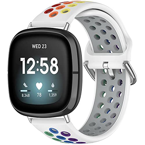 Pailebi Rainbow Bands Compatible With Fitbit Versa 3/Fitbit Sense, Soft Silicone Sport Strap Replacement Fitbit Versa 3/Fitbit Sense Smartwatch Wristband For Women Men White #TOP12