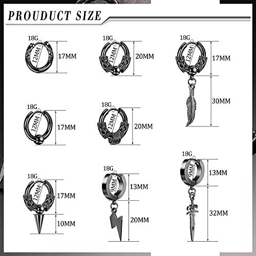 Sailimue 8Pairs Surgical Stainless Steel Huggie Hoop Earrings For Men Women Hypoallergenic Punk Hip Hop Cool Goth Earrings Black Silver Vintage Feather Drop Dangle Earrings Set Black #TOP1