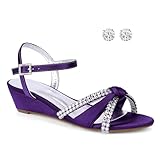 Creativesugar Satin Wedge Sandals Rhinestone Bowknot Women's Wedding Party Shoes with Crystal Ear stud(Eggplant,8)