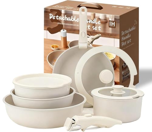Yadlan Juego De Ollas y Sartenes 9 Piezas, Revestimiento Antiadherente Granito, Mangos Desmontables, Apilable, FáCil De Limpiar, Compatible con InduccióN, Gas y VitroceráMica