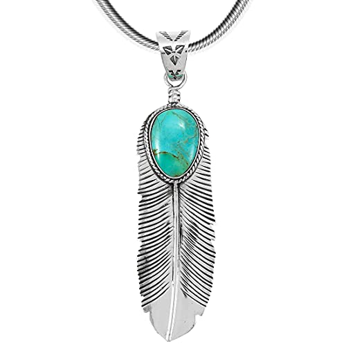 Turquoise Feather Pendant Necklace in Sterling Silver 925 & Genuine Gemstones (20