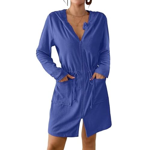 Bsubseach Terry Cloth Cover Up - Women Zip Up Long Sleeve Swimsuit Coverup Hooded Bath Robes with Pockets Blue X-Large
