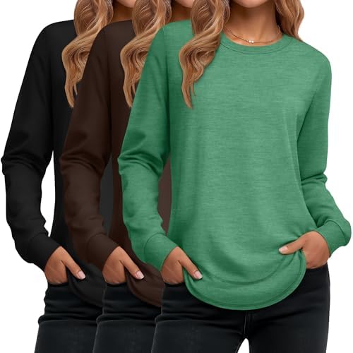 Ficerd 3 Pack Women's Long Sleeve Shirts, Cotton Crew Neck Tunic ...