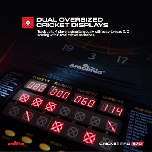 Arachnid Cricket Pro 670 Tournament-Quality Dartboard with 35 Games and 318 Variations (6 Cricket Games) , Black
