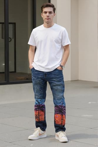 Men's Designer Washed Printed Straight Slim Fit Cotton Blend Jeans Comfort Skinny Biker Denim Pants2