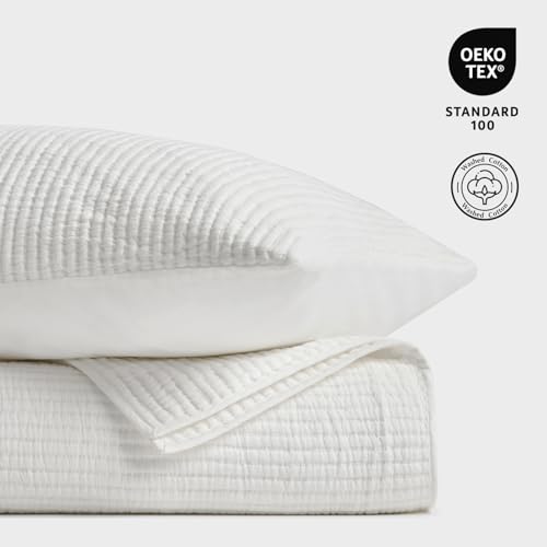 Image of EVERGRACEHOME Cotton Coverlet Set Full Queen Size 3 Pieces, Lightweight Soft Ribbed Matelasse Bedspread Quilt Set, Cozy Oversized Quilted Bedding Set with 2 Pillow Shams for All Seasons, Ivory White
