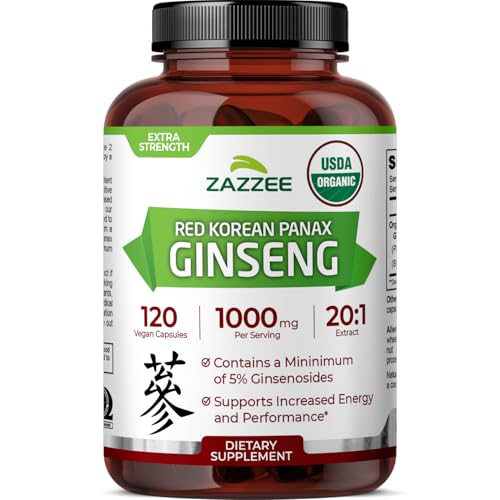Zazzee USDA Organic Red Korean Panax Ginseng 20:1 Extract, 1000 mg, 5% Ginsenosides, 120 Vegan Capsules, Standardized and Concentrated 20X Root Extract, 100% Vegetarian, All-Natural, Made in The USA