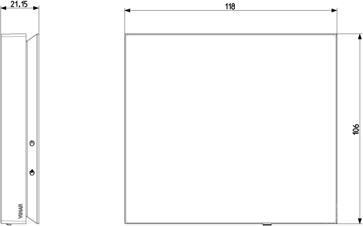 Side and front dimension diagram of the Vimar 02912.G Wi-Fi Thermostat.